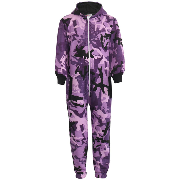 A2Z 4 Kids Boys Girls Fleece Onesie Designer's Camouflage Purple Print All In One Jumpsuit Playsuit New Age 5 6 7 8 9 10 11 12 13 Years