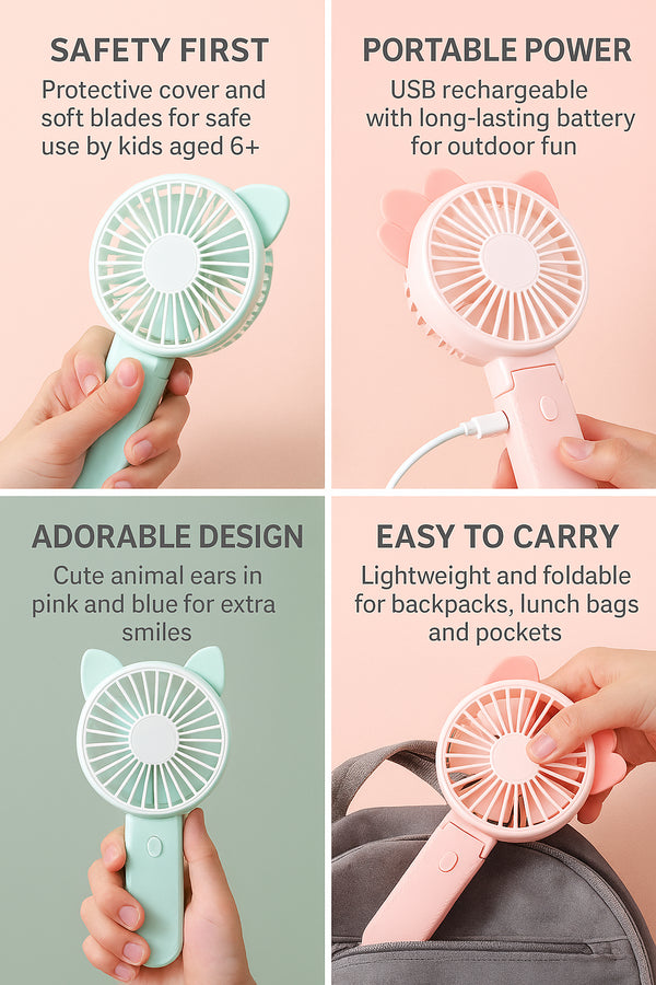 A2Z 4 Kids Portable Mini USB Fan Rechargeable Cute Animal Ears Pink/Blue Fan