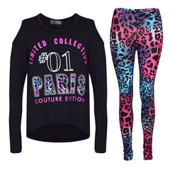 Girls Top Kids #01 Paris Print Trendy Top & Multi Leoaprd Legging Set 7-13 Years