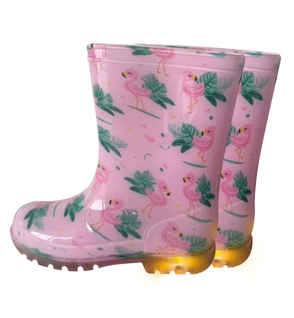 A2Z 4 Kids Girls Pink Flamingo Wellington Boots Light Up Rain Waterproof Wellies