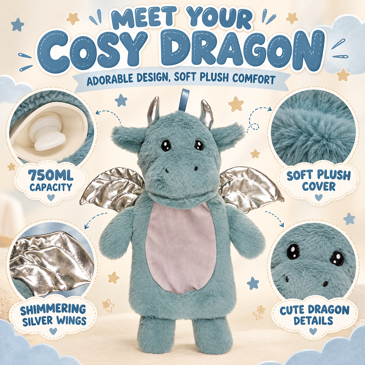 A2Z 750ml Dragon Hot Water Bottle Blue Plush Cover Novelty Winter Warmer Gift