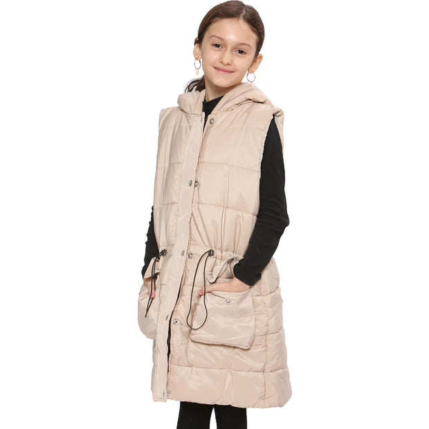 A2Z Kids Girls Down Vest Fashion Oversized Stone Hooded Quilted Gilet Padded Long Line Vest Jacket Long Sleeveless Coat Urban Winter Wear Age 7-13 Years