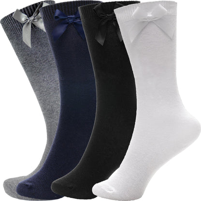 Kids Girls Plain Knee High Socks With Ribbon Bow Pack of 3 School Cotton Socks