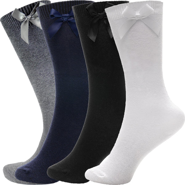Kids Girls Plain Knee High Socks With Ribbon Bow Pack of 3 School Cotton Socks