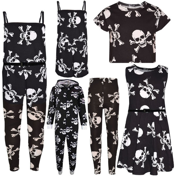 Kids Girls Boys Skull Print Crop Top Legging Skater Dress Halloween Costume 5-13