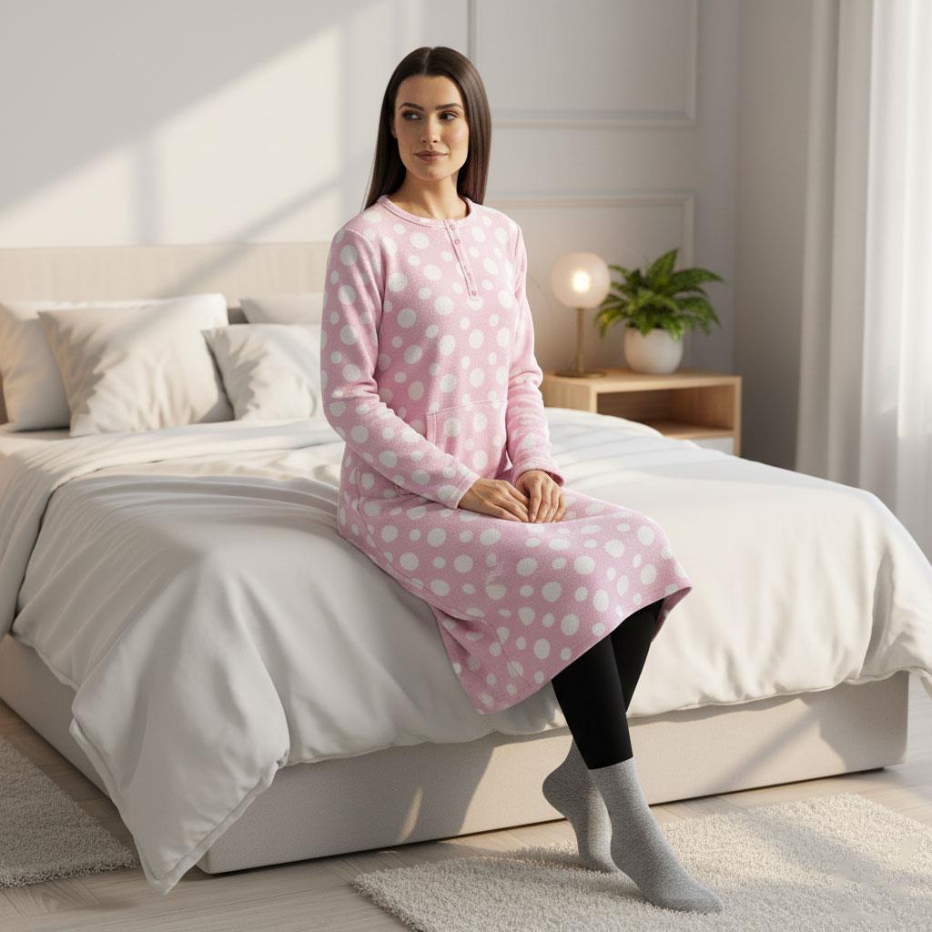Ladies Fleece Nightie Long Sleeve Dress with Pockets Sizes 10-24