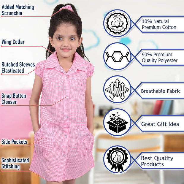 Girls Uniform School Dress Gingham Check Printed Dress With Matching Scrunchies - A2Z 4 Kids