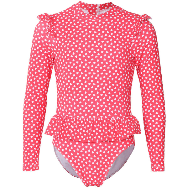 Kids Girls One Piece Swimsuit Ruffle Trim Long Sleeve Swimming Costume 2-14 Yrs