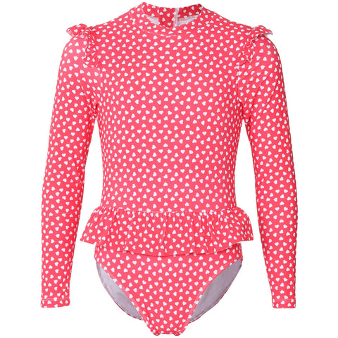 Kids Girls One Piece Swimsuit Ruffle Trim Long Sleeve Swimming Costume 2-14 Yrs