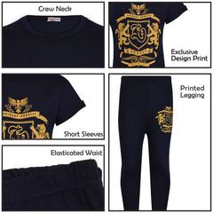 Girls Top Kids Short sleeves Varsity Lion Print T Shirt & Legging Outfit Set