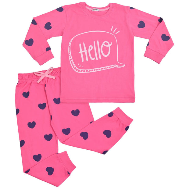 A2Z 4 Kids Girls Hello Print Pyjamas PJs 2 Piece Pink Cotton Set Lounge Suit for Unisex Top Bottom Pyjamas Hello Loungewear Dress Up Outfit Set Gifts for Children & Girls 2-13 Years