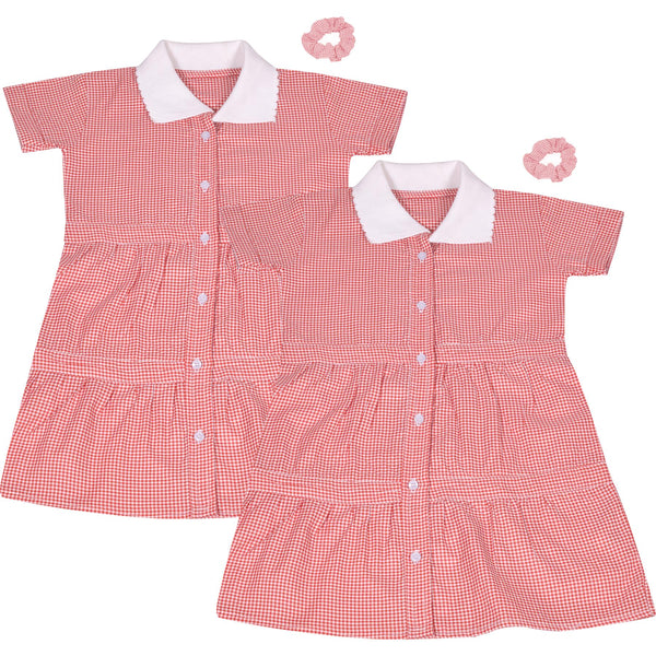 Kids Girls 2 Pack Gingham School Dress Check Button Up Tiered Dresses With Scrunchies