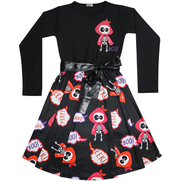 Girls Skeleton Print Contrast Panelled Halloween Skater Dress - A2Z 4 Kids