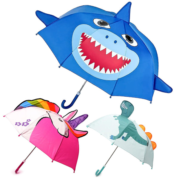 Kids Shark Dino Unicorn 3D Umbrella Lightweight Waterproof Brolly 45cm Canopy