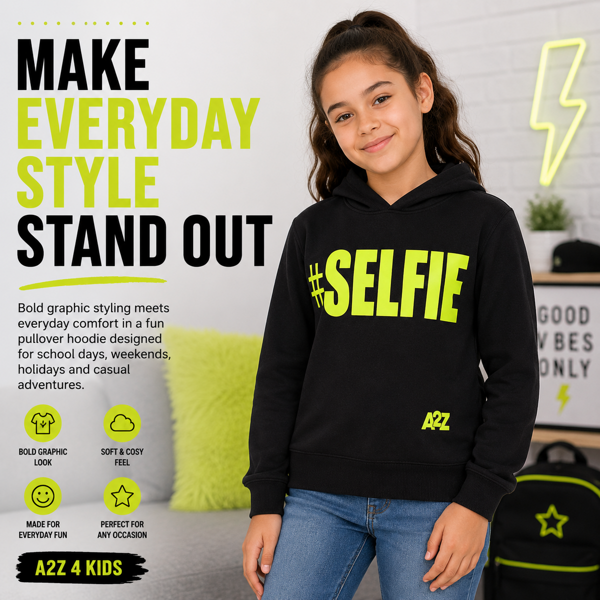Kids Girls Boys Sweat Shirts Tops #Selfie Hooded Jumpers Hoodies New Age 2-13 Yr