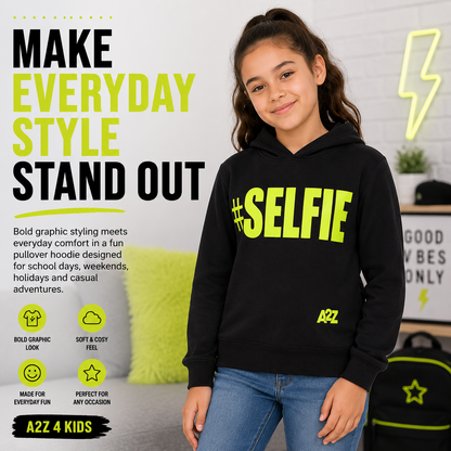 Kids Girls Boys Sweat Shirts Tops #Selfie Hooded Jumpers Hoodies New Age 2-13 Yr