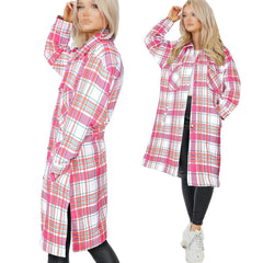 Ladies Longline Shacket Checked Button Down Shirt Jacket Top Oversize Coat