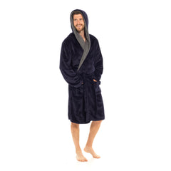 Mens Flannel Fleece Hooded Dressing Gown Sherpa Lined Robe with Belt & Pockets