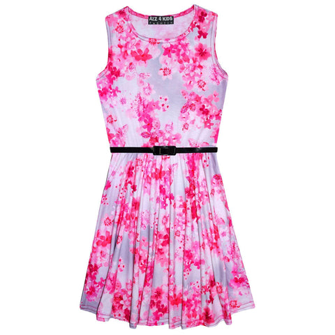Girls Skater Dress Kids Mini Floral Print Summer Party Dresses Age 7-13 Years
