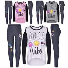 Girls Top Kids Good Vibes & Emojis Print T Shirt Tops & Jegging Set 7-13 Years