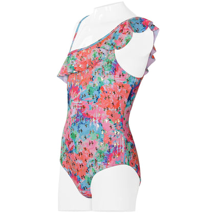 Kids Girls Swimsuit Ruffle Trim Long Sleeve Heart Pattern Swimming Costume 2-14
