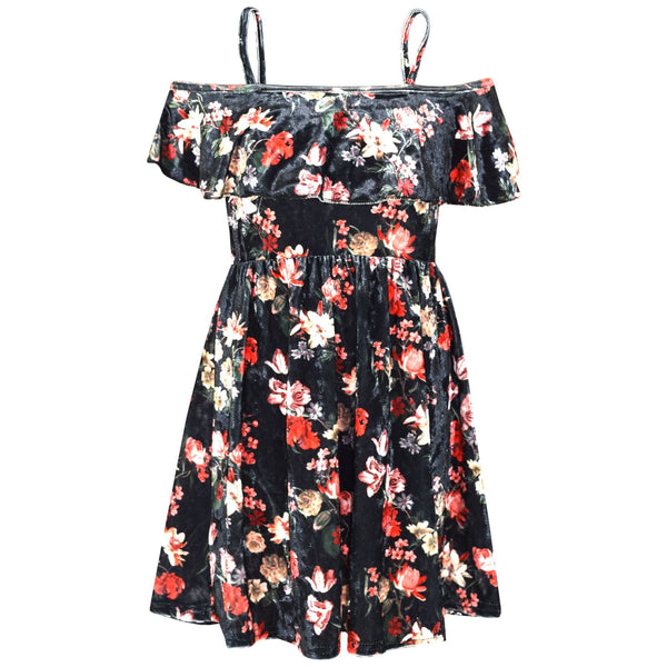 Kids Girls Skater Dress Floral Black Style Off Shoulder Dresses Age 7-13 Years