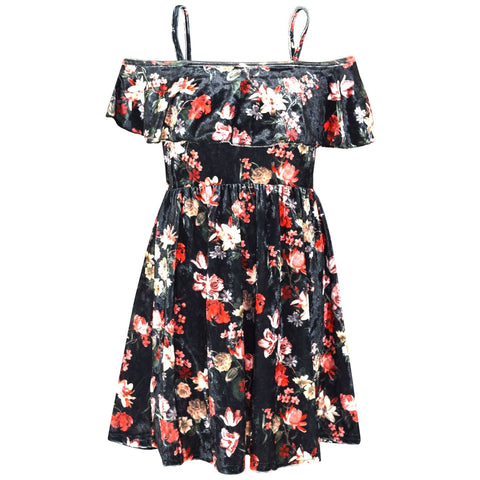 Kids Girls Skater Dress Floral Black Style Off Shoulder Dresses Age 7-13 Years