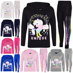 Kids Girls Top Dabbing Unicorn Floss Unique Rainbow Hooded Legging Set Tracksuit