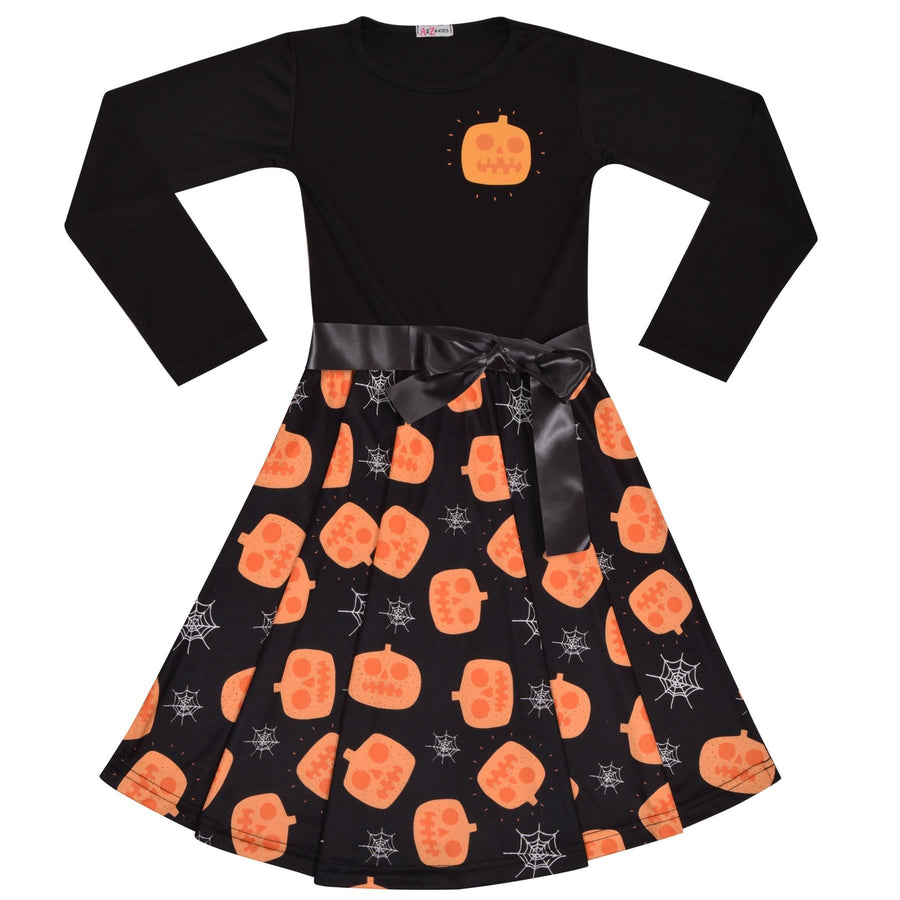 A2Z Kids Girls Skater Dress Long Sleeves Black Panelled Pumpkins Print Soft Comfortable Halloween Party Fashion Dresses Age 5-13 years