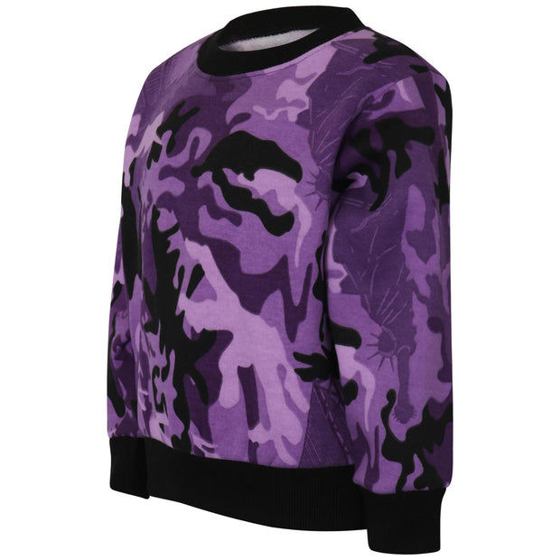 A2Z 4 Kids Camouflage Purple Tracksuit Jumper Sweatshirt Set with Jogger Bottoms PE School Sports Activewear Set Girls Boys Children Age 5-13 years