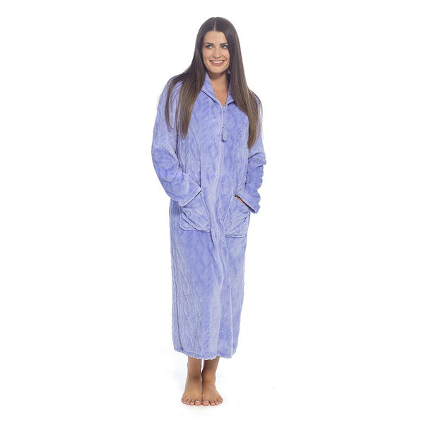 Ladies Plush Long Dressing Gown with Pockets Cosy Loungewear Full Zip Housecoat