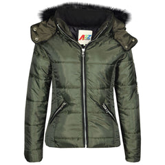 Girls Puffer Jacket Quilted Winter Coat Faux Fur Hood Warm Padded Zipped Coat