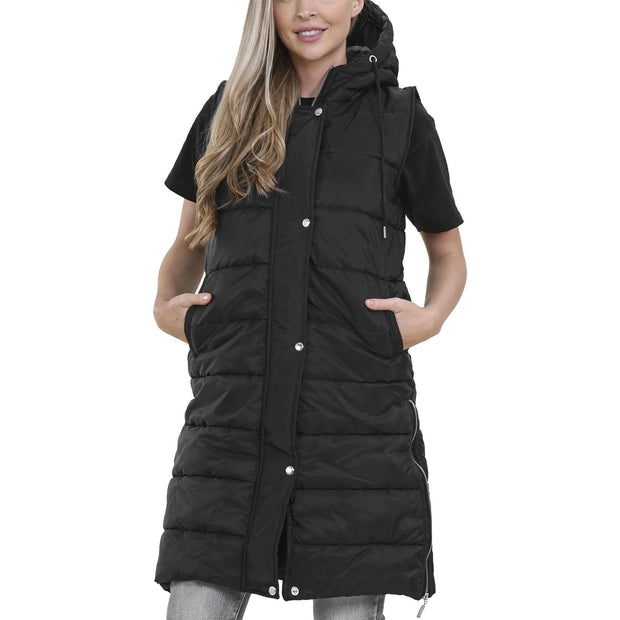 Ladies Sleeveless Gilet Oversized Hooded Quilted Gilet Padded Long Line Coat
