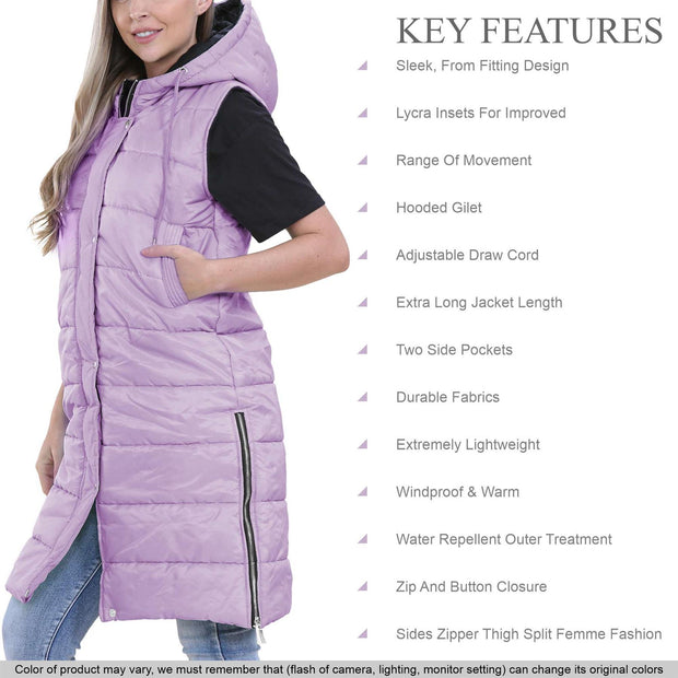 Ladies Sleeveless Gilet Oversized Hooded Quilted Gilet Padded Long Line Coat
