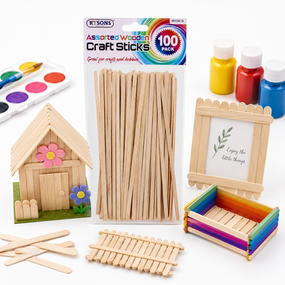 A2Z Assorted Wooden Craft Sticks 100 Pack Colour Popsicle Art Supplies 19cm