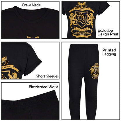 Girls Top Kids Short sleeves Varsity Lion Print T Shirt & Legging Outfit Set