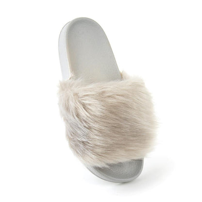 Womens Fluffy Fur Slipper Open Toe Slip-On Fashion Sliders for Ladies Sandals