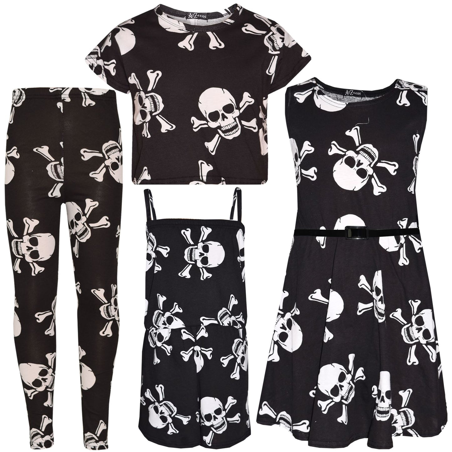 Kids Girls Boys Skull Print Crop Top Legging Skater Dress Halloween Costume 5-13