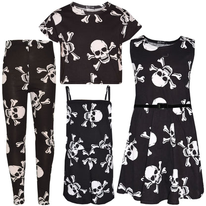 Kids Girls Boys Skull Print Crop Top Legging Skater Dress Halloween Costume 5-13