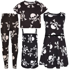 Kids Girls Boys Skull Print Crop Top Legging Skater Dress Halloween Costume 5-13