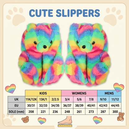 Kids Girls Womens 3D Rainbow Bear Slippers Cute Animal Face Soft Plush Warm Shoe