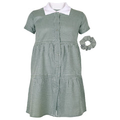 Kids Girls Gingham School Dress Check Button Up Tiered Dresses With Scrunchies