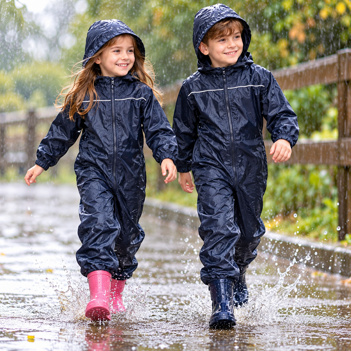Girls Boys Raincoat Kids Puddle Suit Rainwear Waterproof Hooded Rainsuit 2-13 Yr