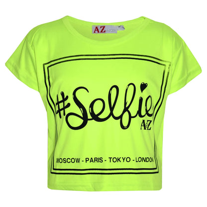 Girls Top Kids #Selfie Print Stylish Fahsion Trendy T Shirt Crop Top 7-13 Years