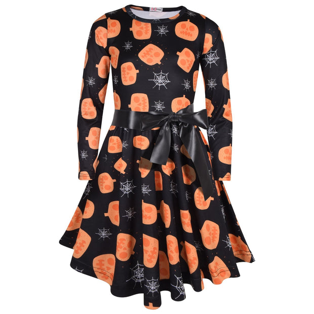 A2Z Kids Girls Skater Dress Long Sleeves Pumpkins & Spider Web Print Soft Comfortable Halloween Party Fashion Dresses - A2Z 4 Kids