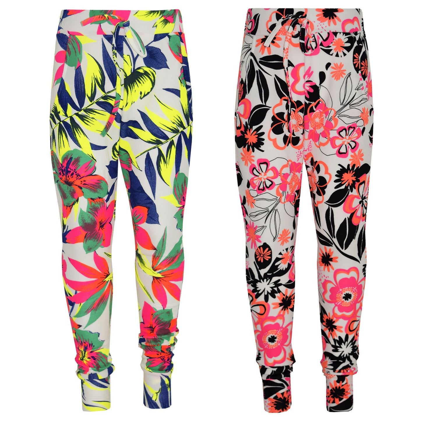 Kids Girls Tracksuit Neon Floral Tropical Print Lounge Suit Bottom Joggers 7-13