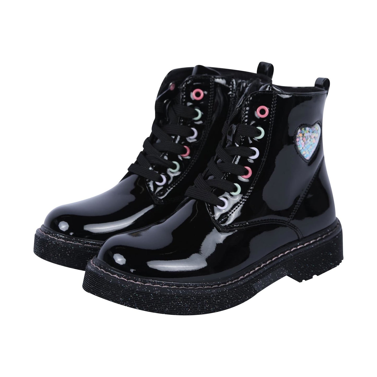 A2Z 4 Kids Girls Teens Ladies School Shoes Black Patent Glitter Heart Ankle Boot