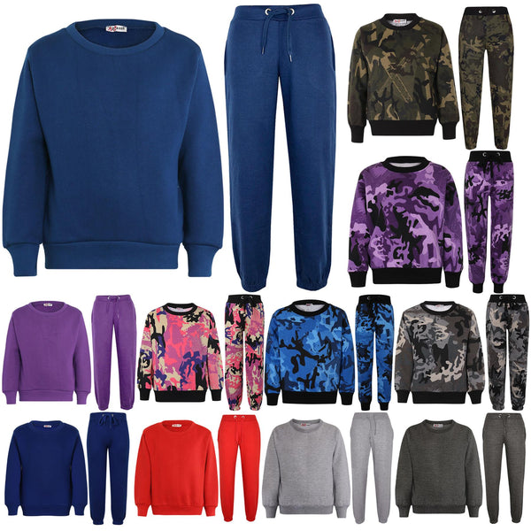 Kids Plain Tracksuit Sweatshirt Set Jumper and Bottoms PE School Girls Boys 2-13