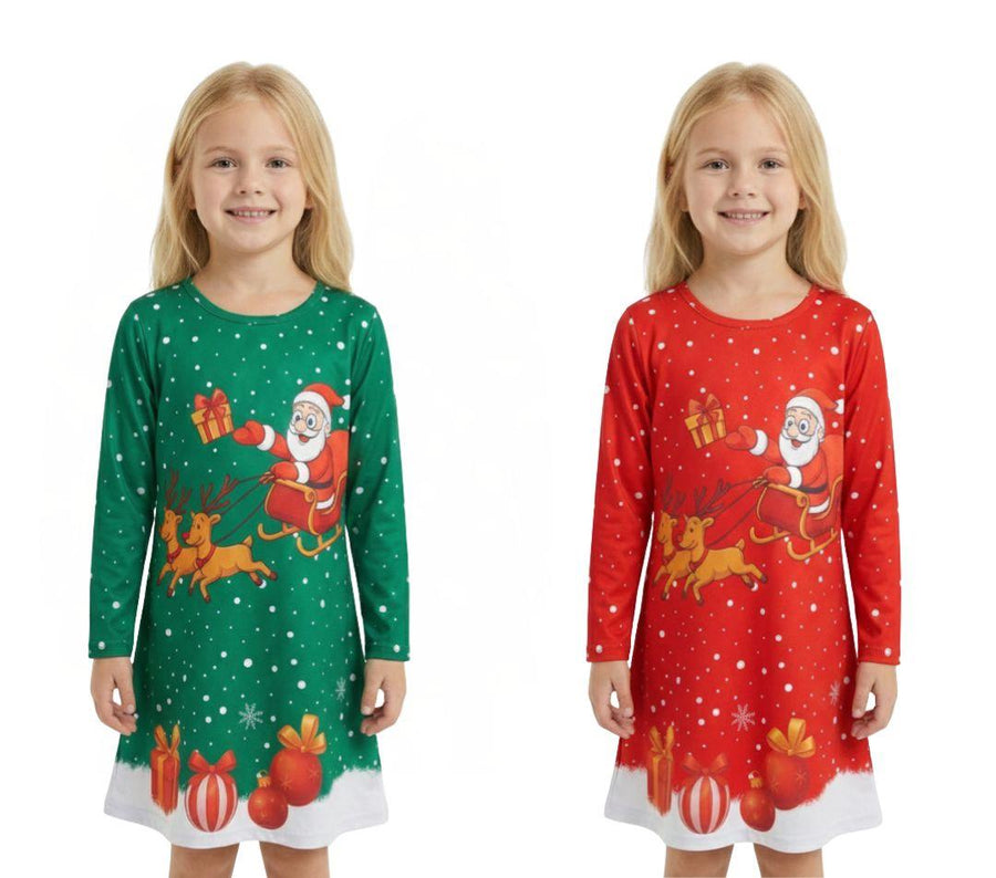 Girls Christmas Swing Dress Santa Sleigh Print Long Sleeve Party Dress Outfit