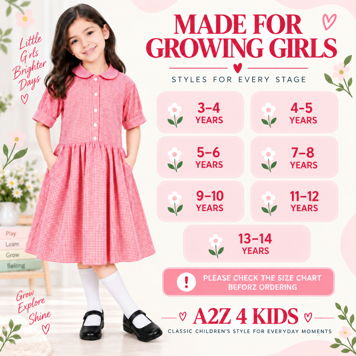 Girls School Gingham Dress Pack Of 2 Check Print Front Button Closure Dresses
